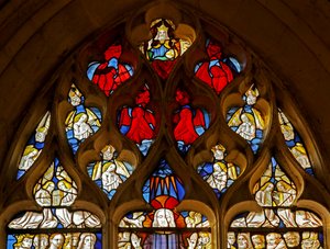 Raam met afbeelding van God, Engelen en boven de Wederkomst van Christus door French School